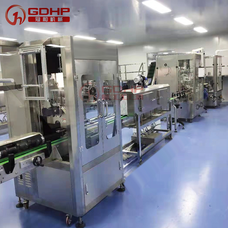 Daily chemical flat bottle shrink film filling and capping packing machine