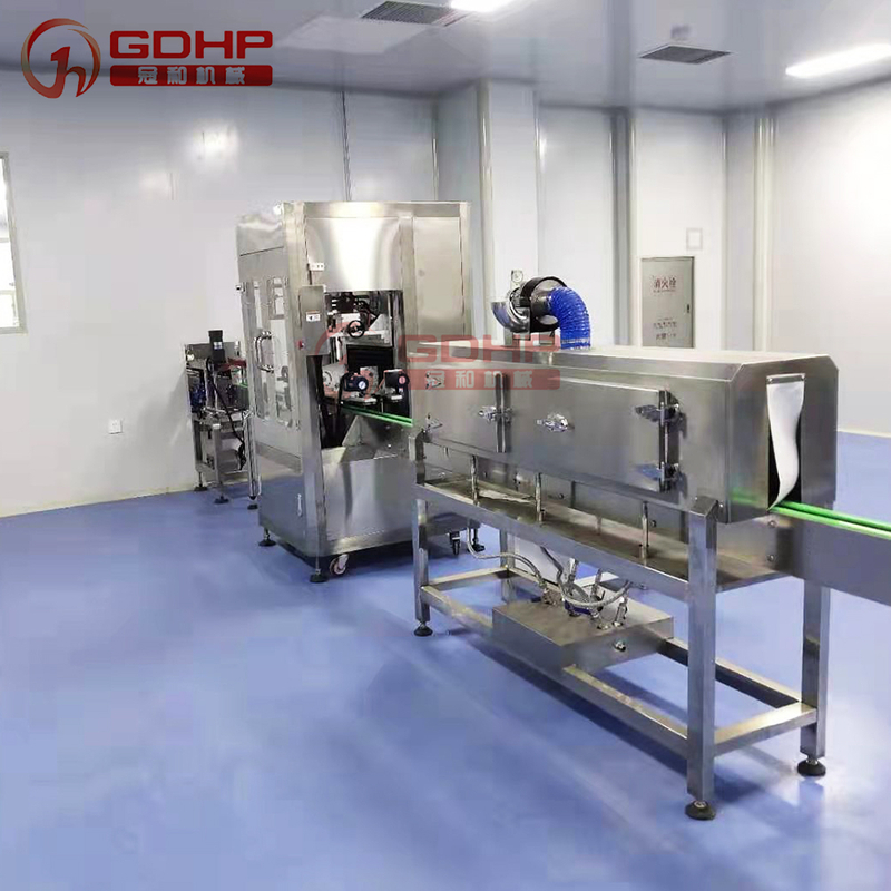 Daily chemical flat bottle shrink film filling and capping packing machine