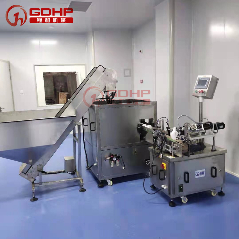 Daily chemical flat bottle shrink film filling and capping packing machine