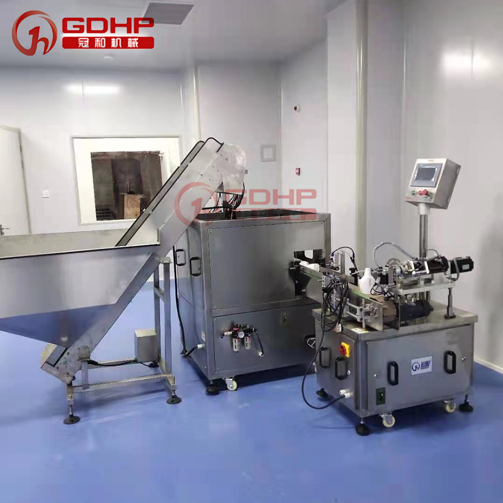 Daily chemical flat bottle shrink film filling and capping packing machine