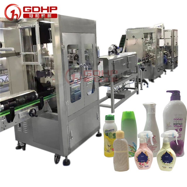 Daily chemical flat bottle shrink film filling and capping packing machine