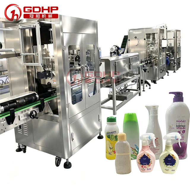 Daily chemical flat bottle shrink film filling and capping packing machine