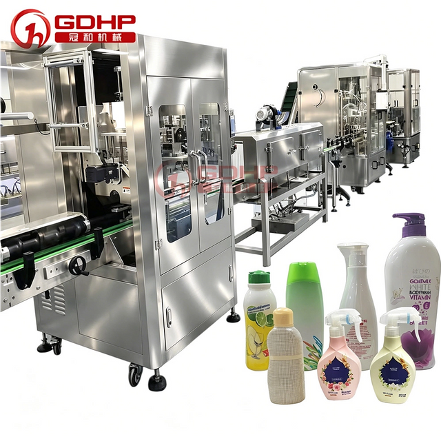 Daily chemical flat bottle shrink film filling and capping packing machine