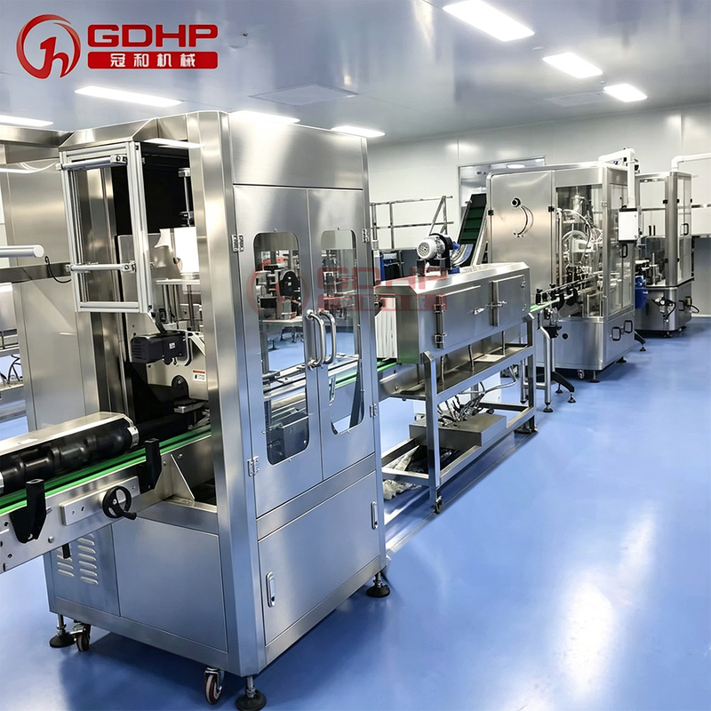 Daily chemical flat bottle shrink film filling and capping packing machine