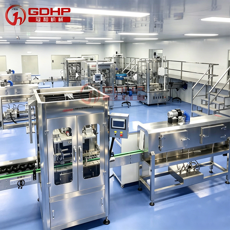 Daily chemical flat bottle shrink film filling and capping packing machine
